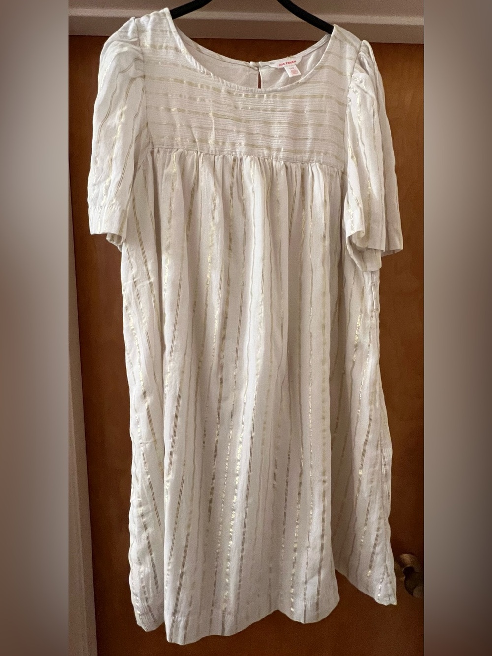 NWT Cream White Lined Gauzy cotton Dress with Gold Stripe Detail
